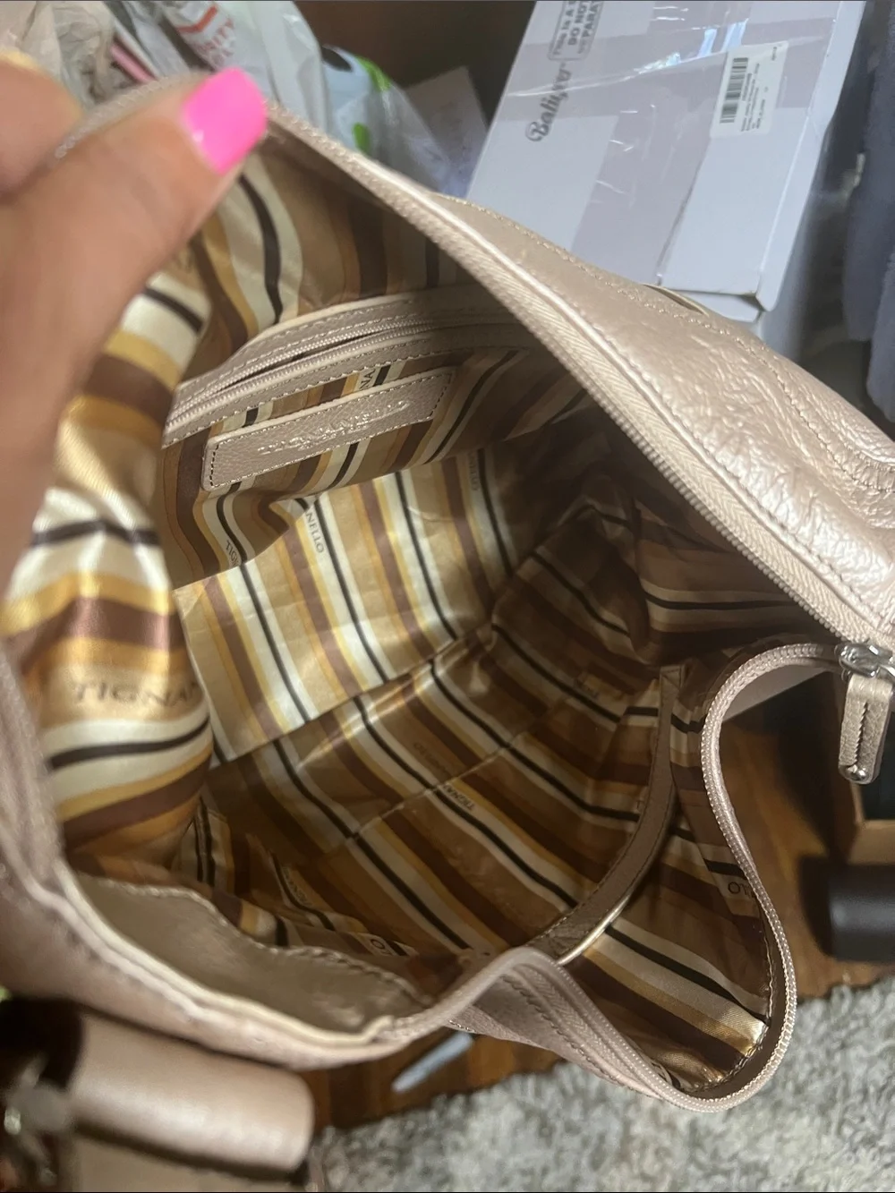 Tignanello Metallic Taupe Leather Shoulder Hobo
